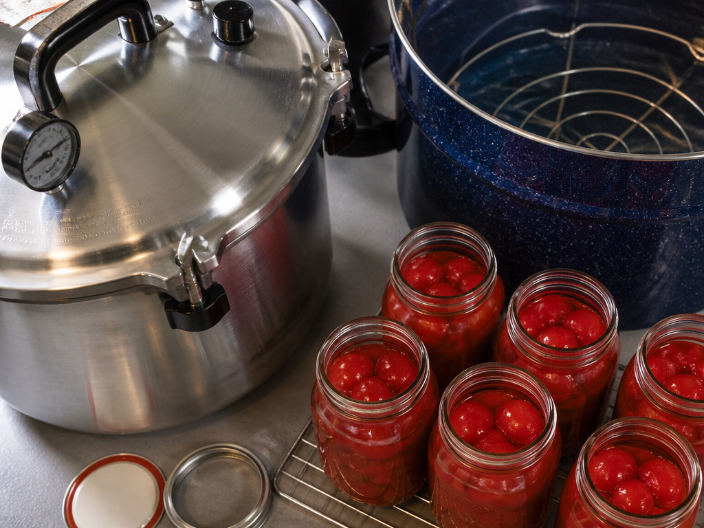 Pressure canner and boiling water canner for preserving tomatoes at home.