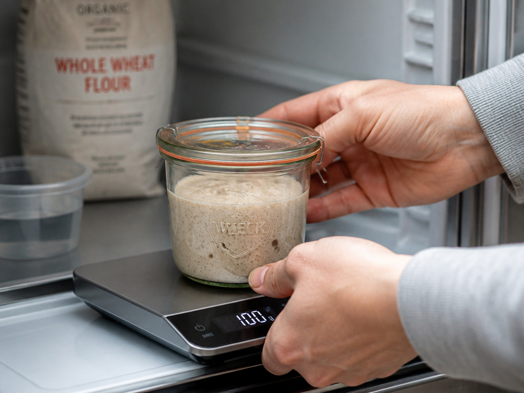 Glass jar of sourdough starter on a scale being stored in the fridge.