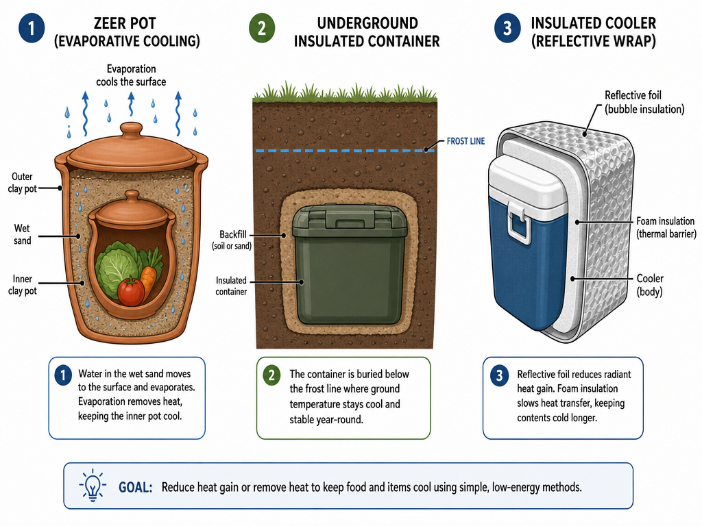 Diagram of evaporative cooling pots, buried storage, and insulation for off-grid refrigeration.