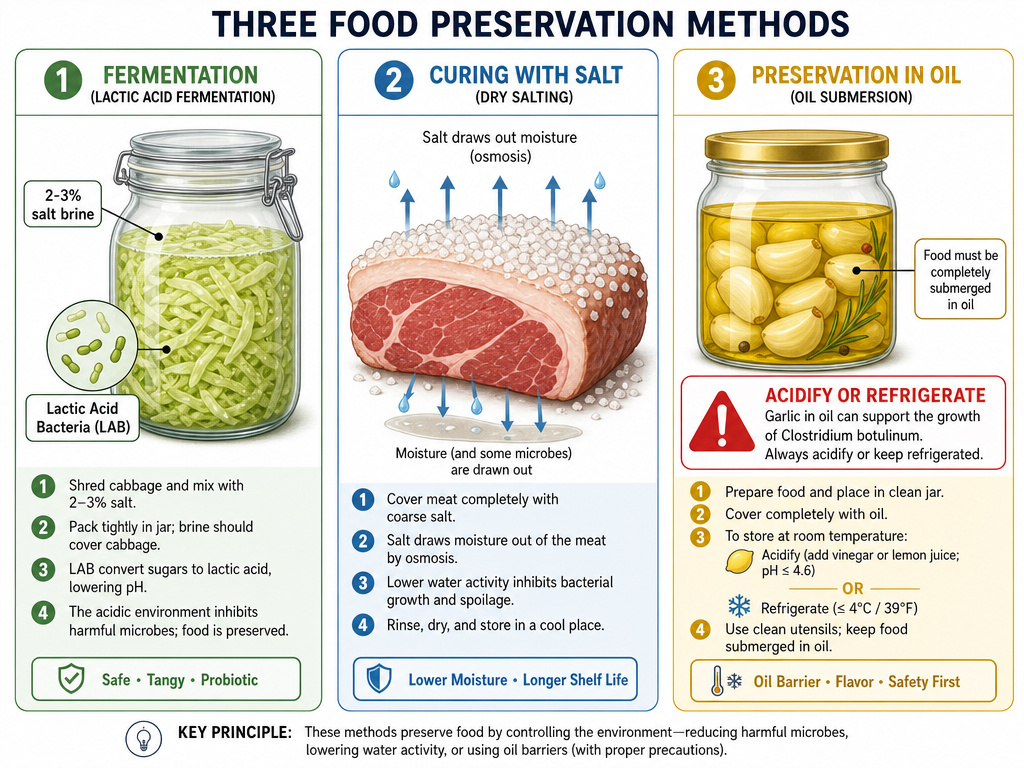 Diagram comparing fermentation, salt curing, and oil preservation methods for food.