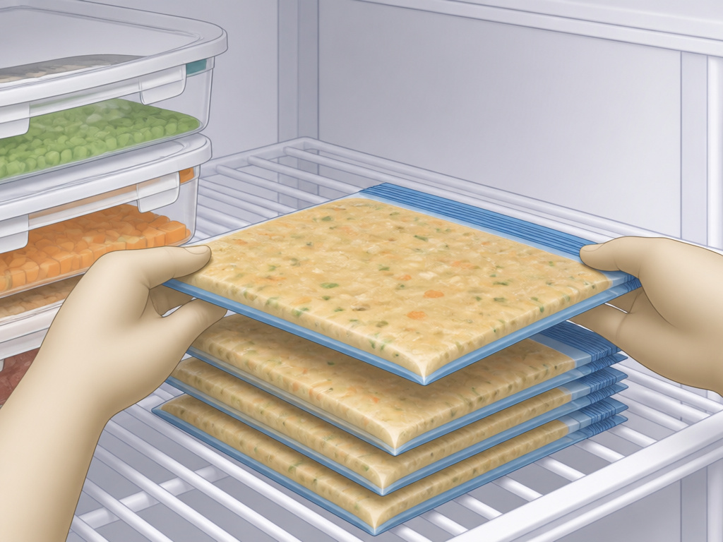Flat frozen soup bags stacked efficiently versus bulky containers in a freezer.