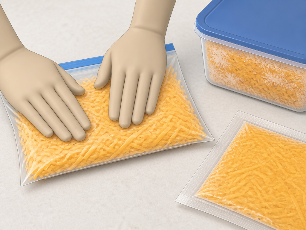 Comparing freezer bag, vacuum sealer, and container for freezing shredded cheese.