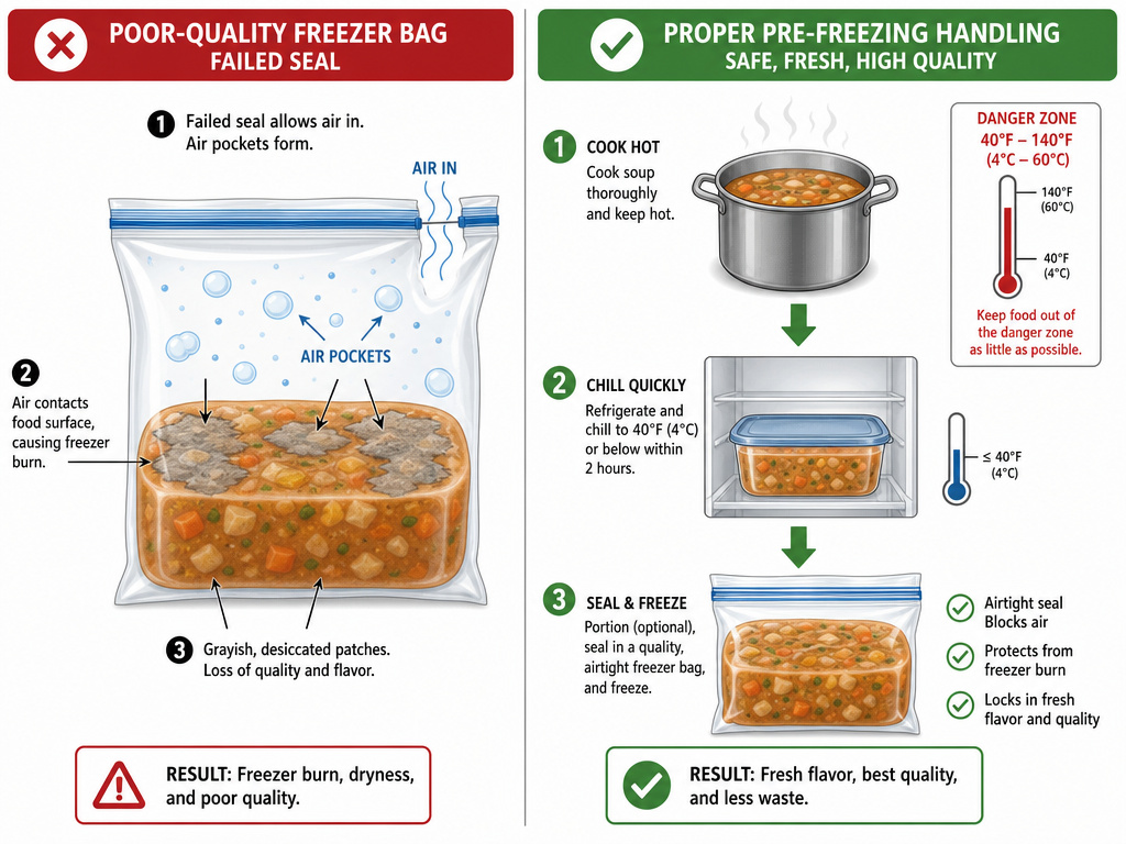 Diagram comparing causes of freezer burn versus food safety steps for freezer bags.