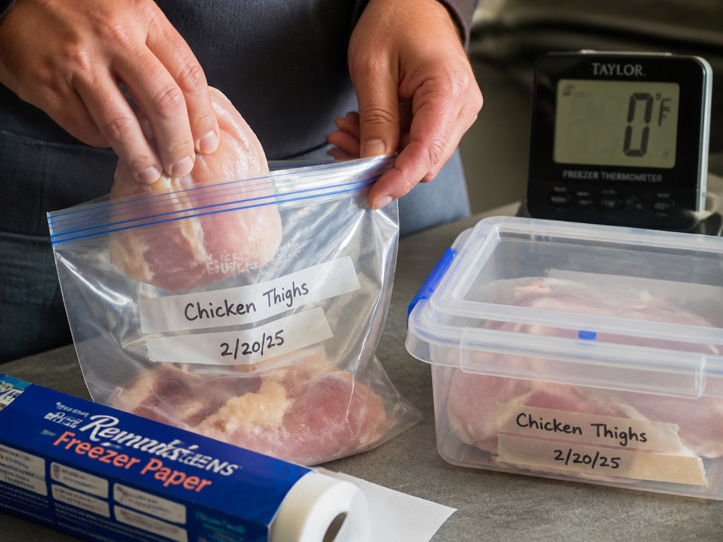 Proper freezer storage techniques for raw poultry using sealed bags and containers.