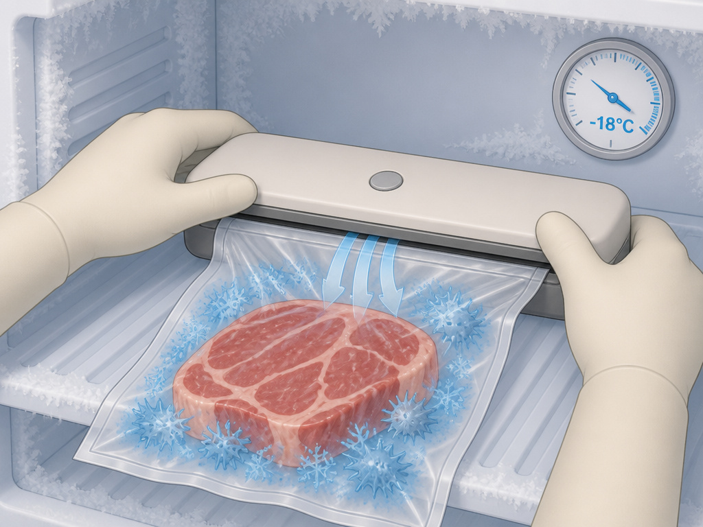 Vacuum sealing meat in a freezer to prevent freezer burn and inhibit bacteria growth.