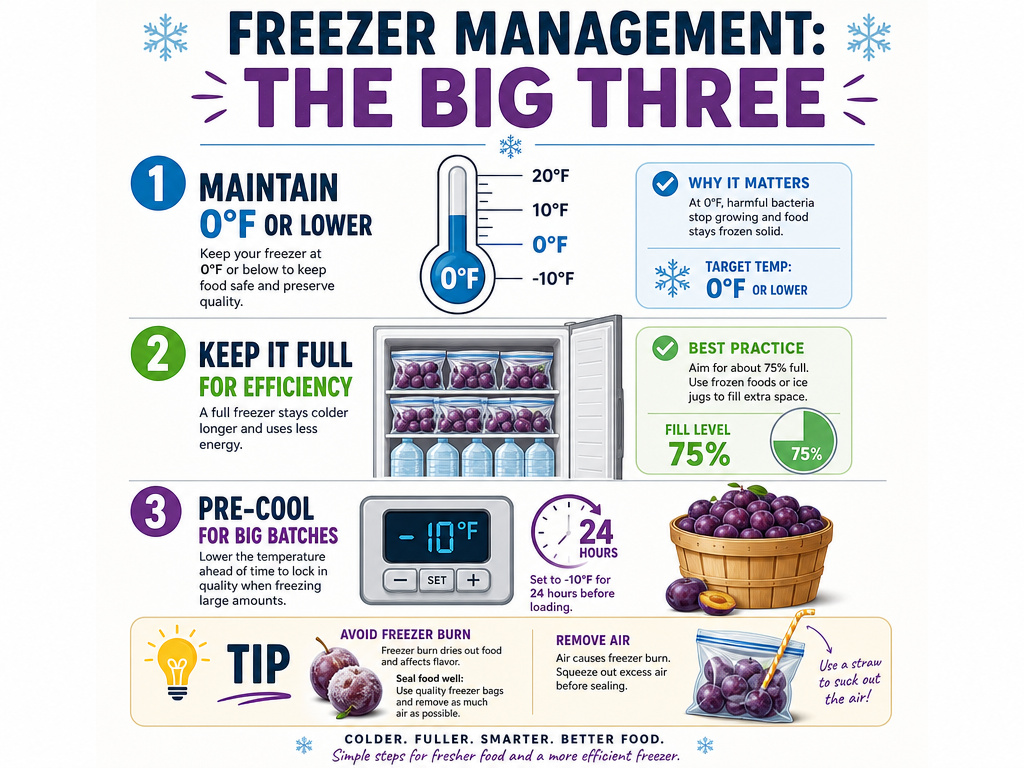 Infographic on maintaining freezer temperature and fullness for preserving plums.