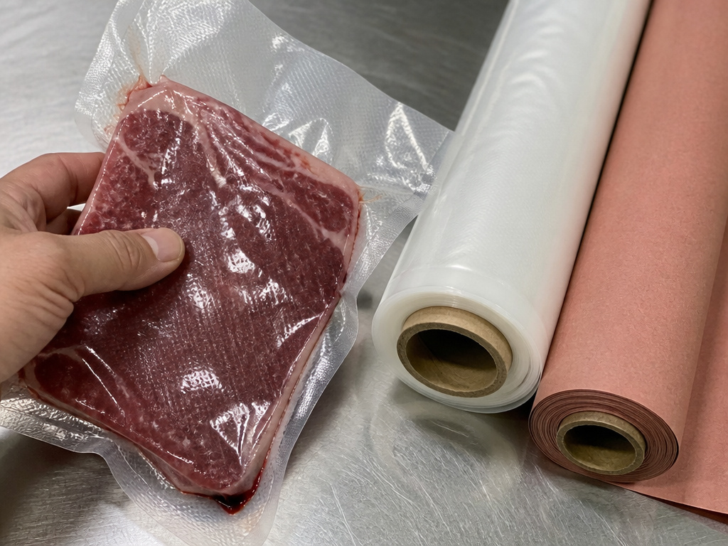 Vacuum-sealed meat compared to butcher paper and freezer paper rolls.
