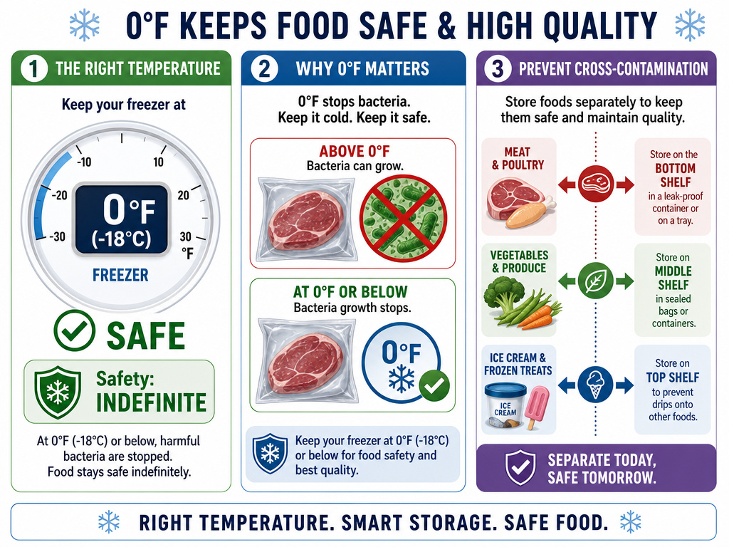 Infographic on freezer safety rules versus quality rules for preventing salmonella.