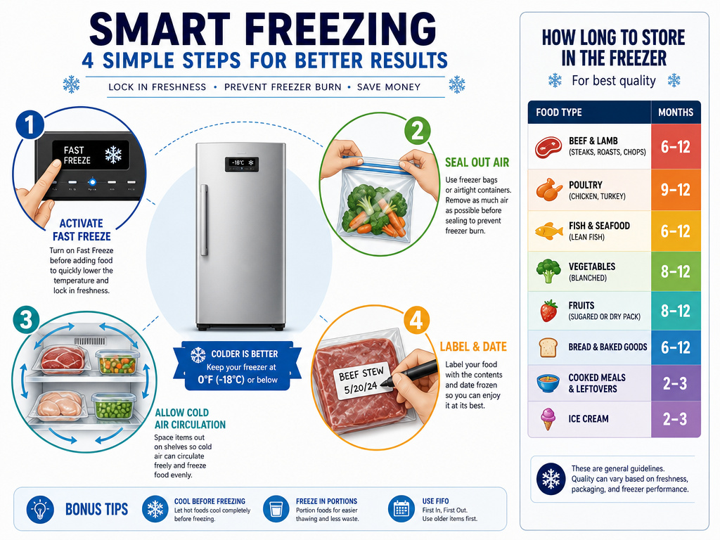Infographic on proper freezer use, packaging, and food storage times.