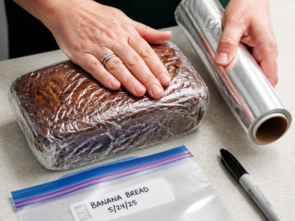 Hands double-wrapping banana bread in plastic and foil for freezer storage.