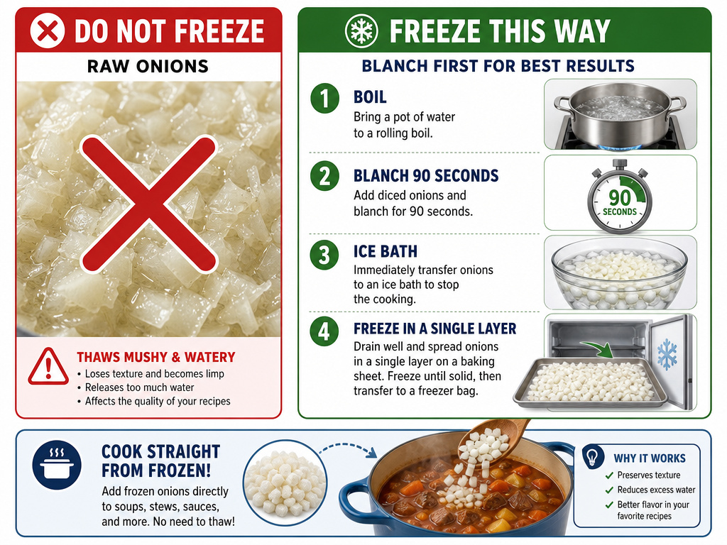 Infographic comparing wrong and correct methods for freezing cut onions.