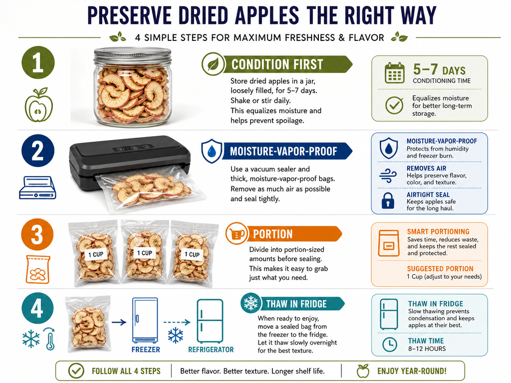 Infographic on steps for freezing dehydrated fruit for long-term storage.