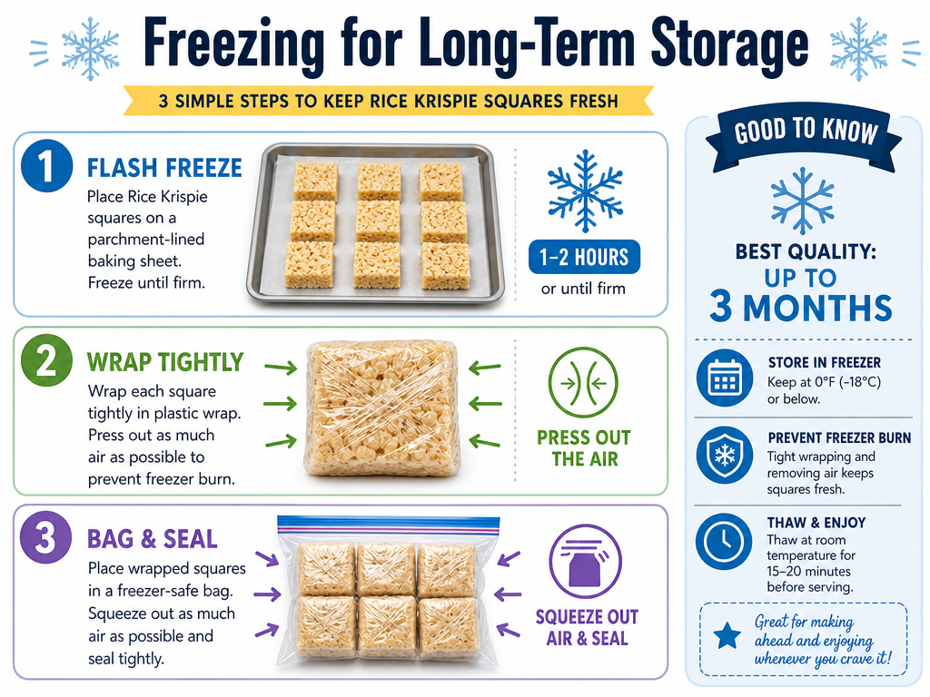 Infographic showing the three-step process for properly freezing Rice Krispie treats.