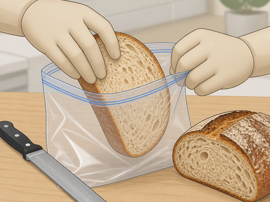 Hands placing a slice of sourdough bread into a freezer bag for storage.