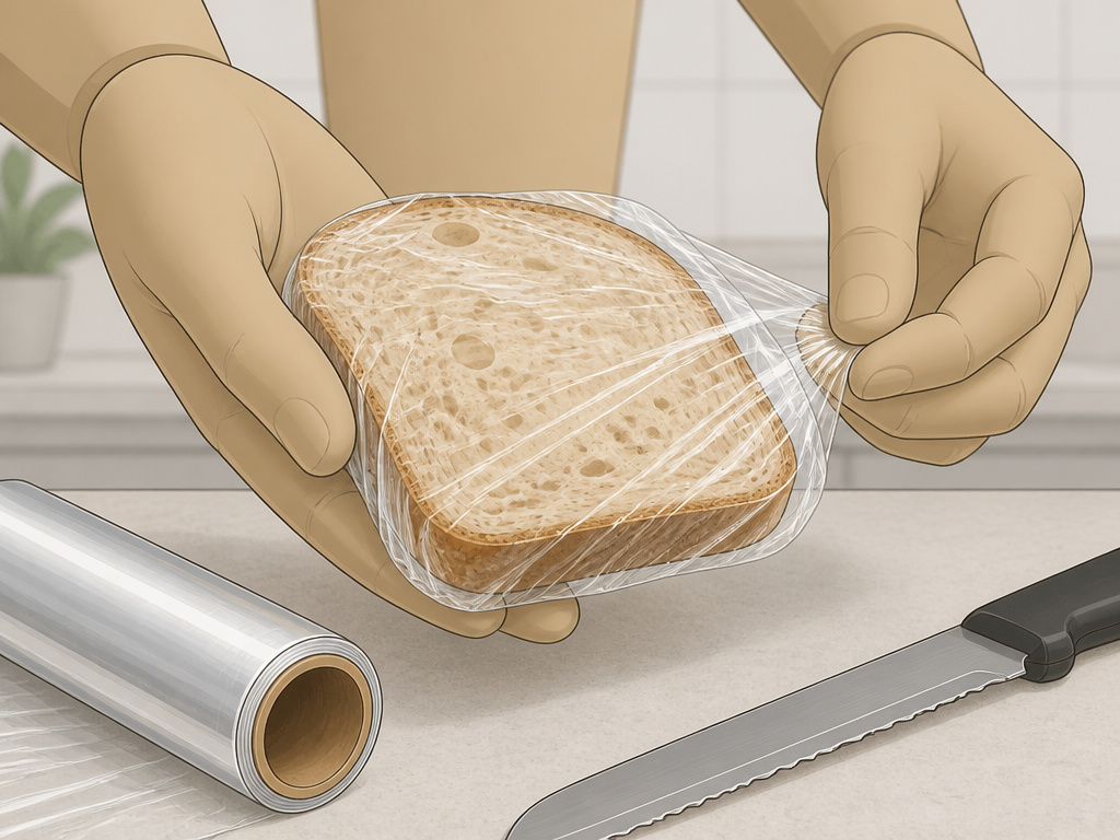 Hands wrapping a slice of sourdough bread in plastic for the freezer.