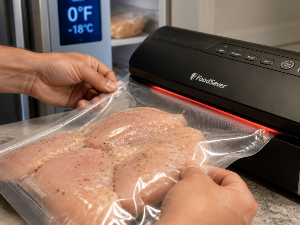 Vacuum-sealing raw chicken for freezer storage at zero degrees Fahrenheit.