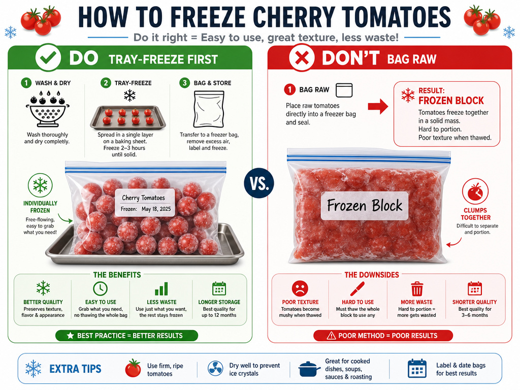 Infographic comparing correct and incorrect methods for freezing whole tomatoes.