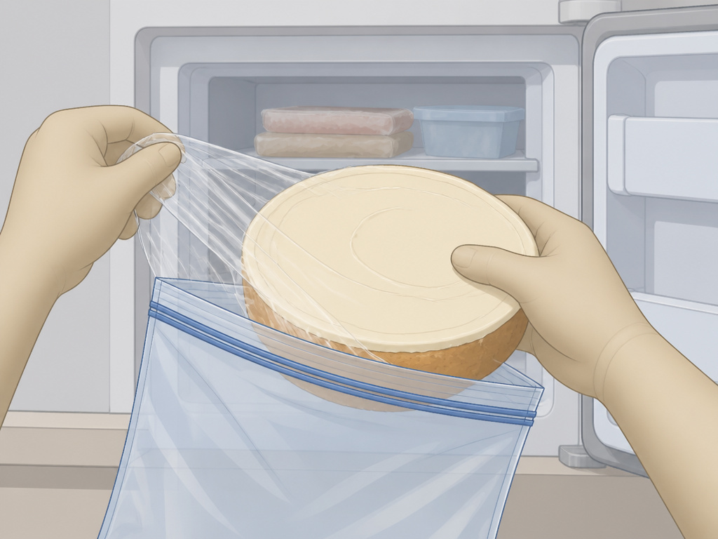 Hands wrapping a cake layer in plastic before placing it in a freezer bag.