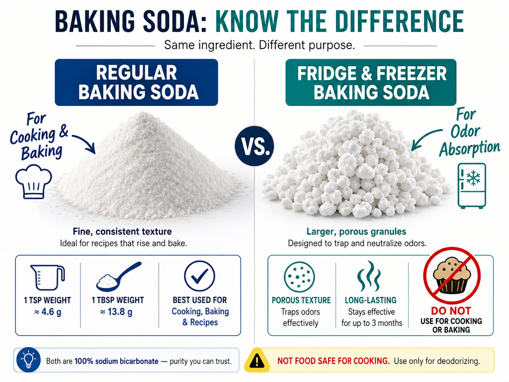 Comparison of regular cooking baking soda versus porous fridge deodorizing baking soda.