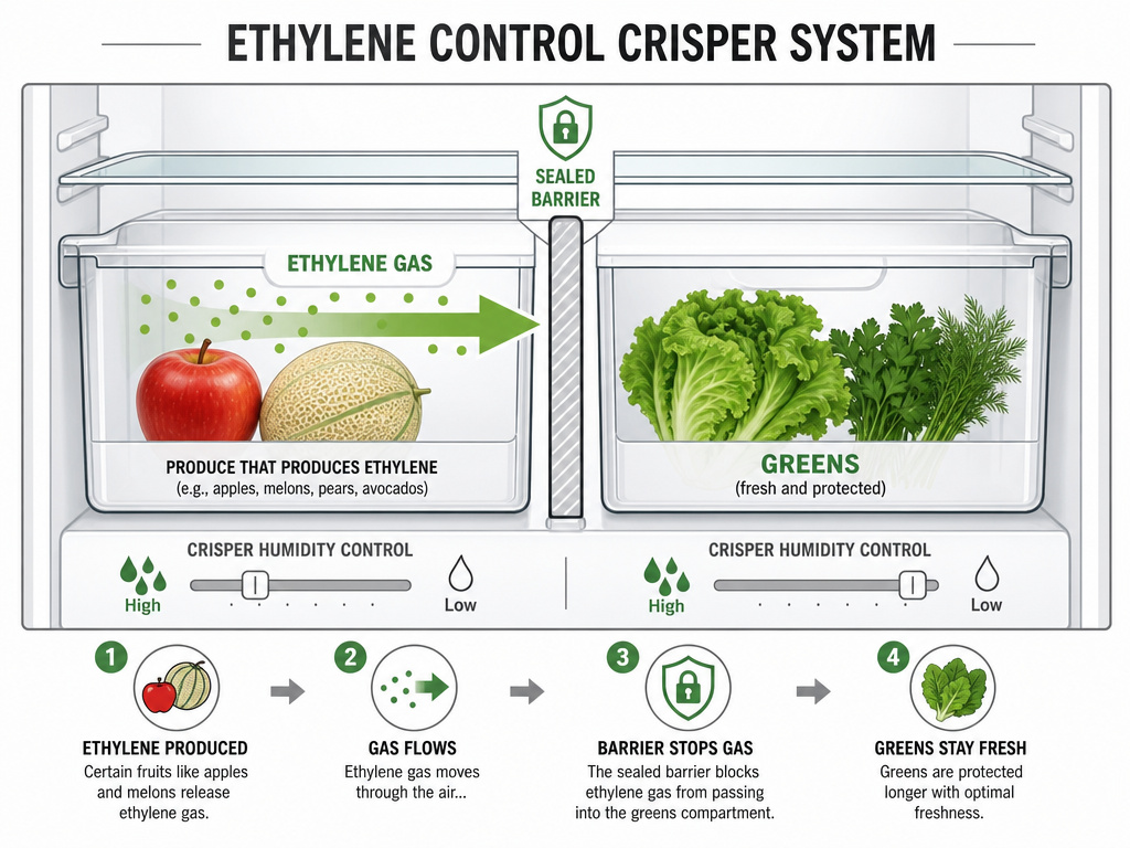 Diagram showing ethylene-producing and sensitive foods stored in separate fridge drawers.