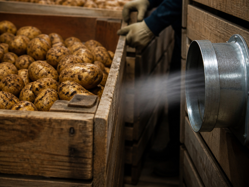 Wooden bin storage for potatoes in a ventilated farm warehouse.