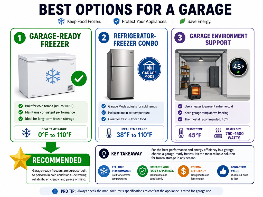 Three solutions for using a freezer in a cold garage infographic.