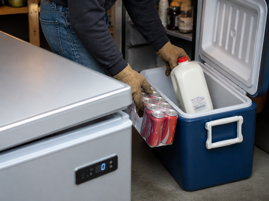 Hands transferring drinks from garage fridge to cooler beside a chest freezer.