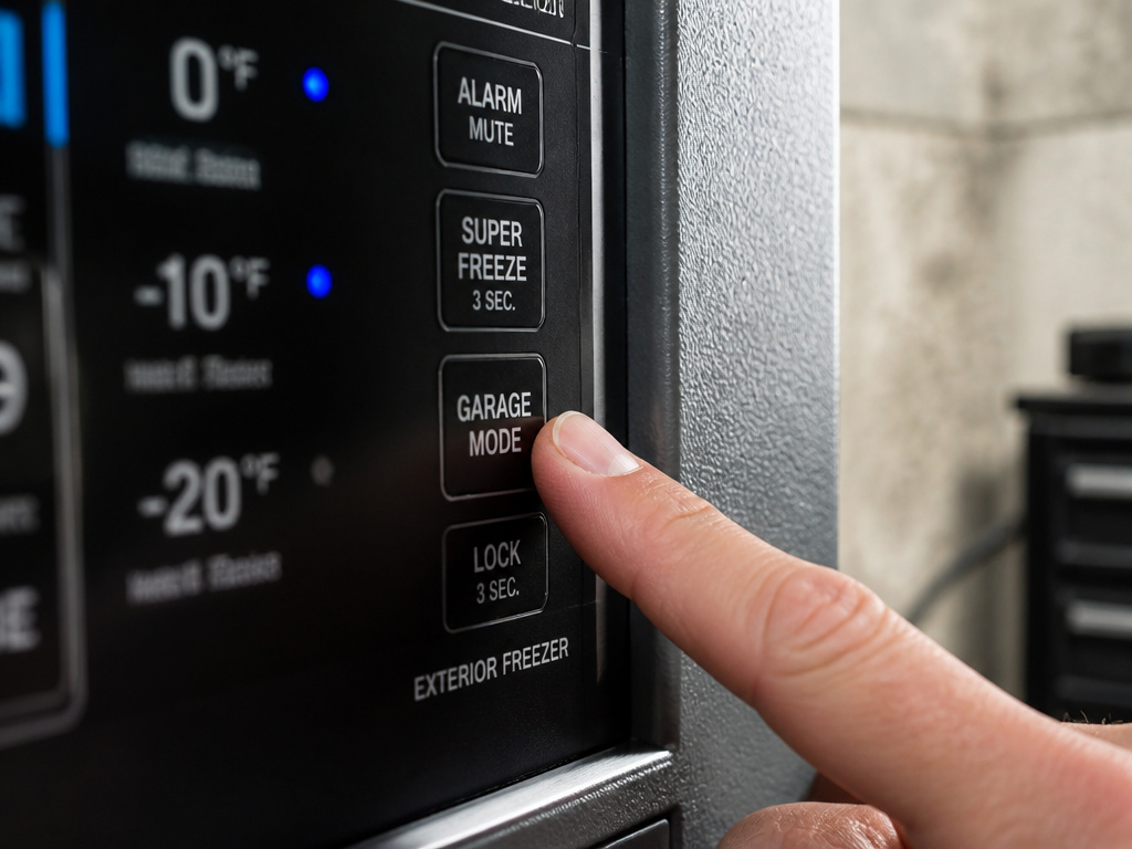 Close-up of a hand activating the garage mode switch on a freezer control panel.