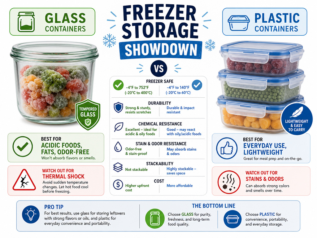 Comparison infographic of glass versus plastic containers for freezer storage.