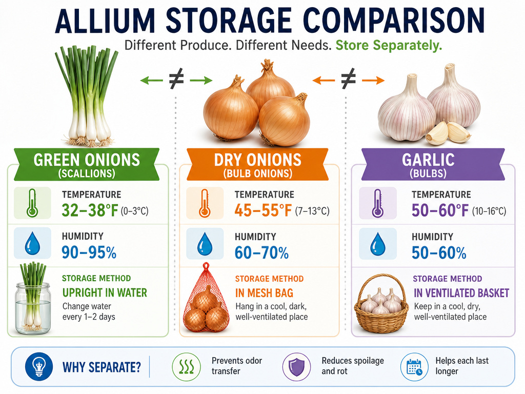 Comparison chart for storing green onions versus dry onions and garlic.