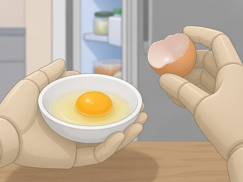 Proper egg safety technique cracking an egg into a separate bowl for inspection.