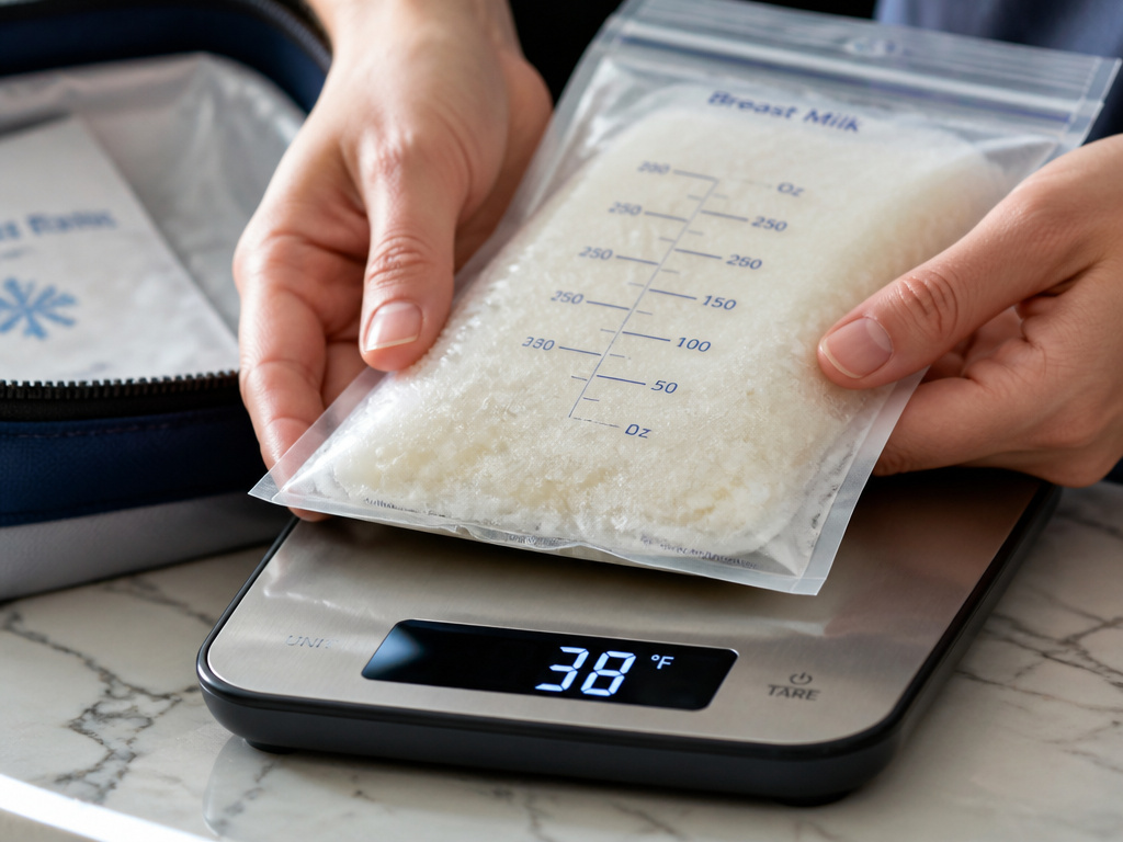 Partially thawed breast milk with ice crystals next to a thermometer reading safe temperature.