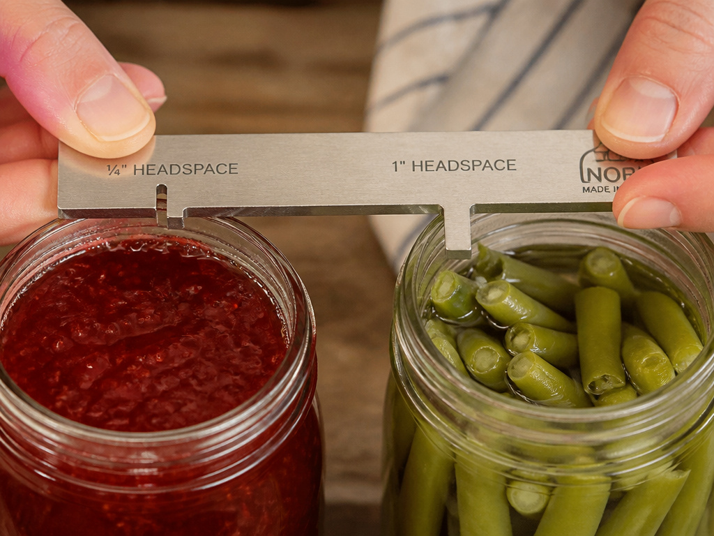 Using a headspace tool to measure jam versus vegetables in canning jars.