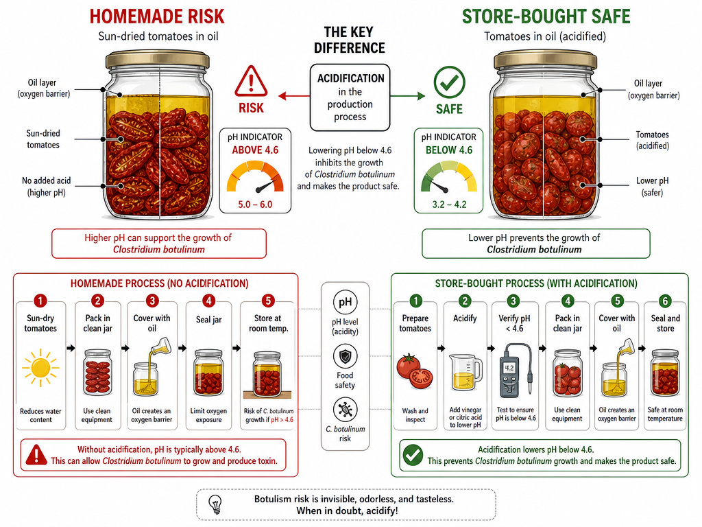 Diagram comparing safe and risky methods for storing sun-dried tomatoes in oil.