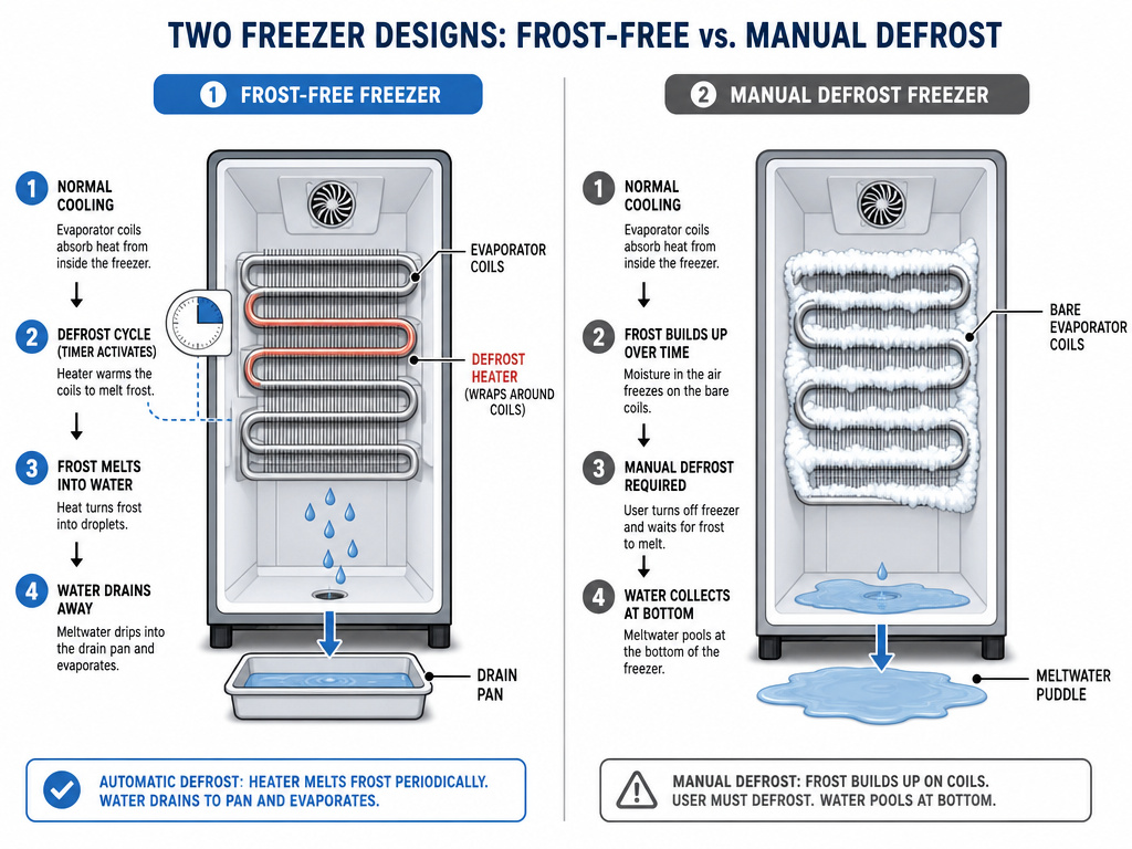 Diagram comparing frost-free and manual defrost freezer coil designs and operation.