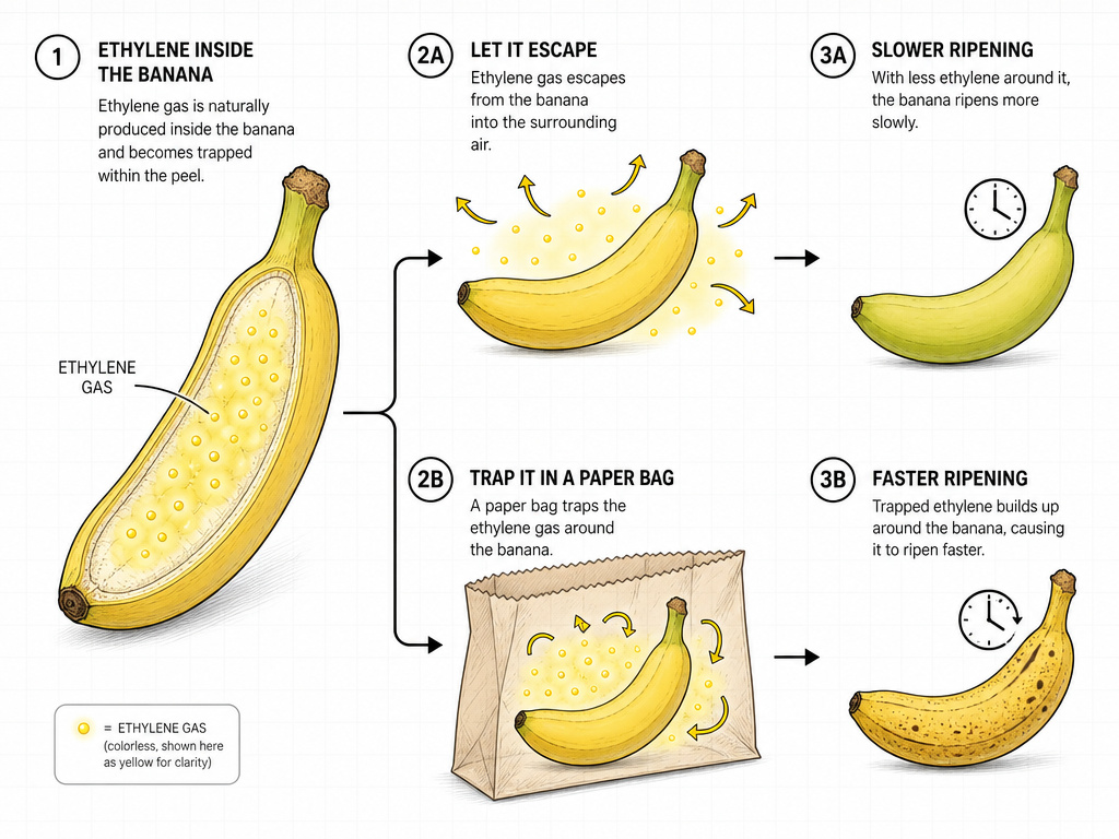 Diagram showing how ethylene gas speeds or slows banana ripening