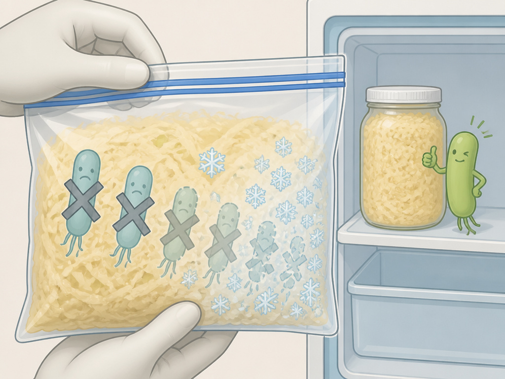 Freezing sauerkraut in a bag kills probiotics versus fridge storage.