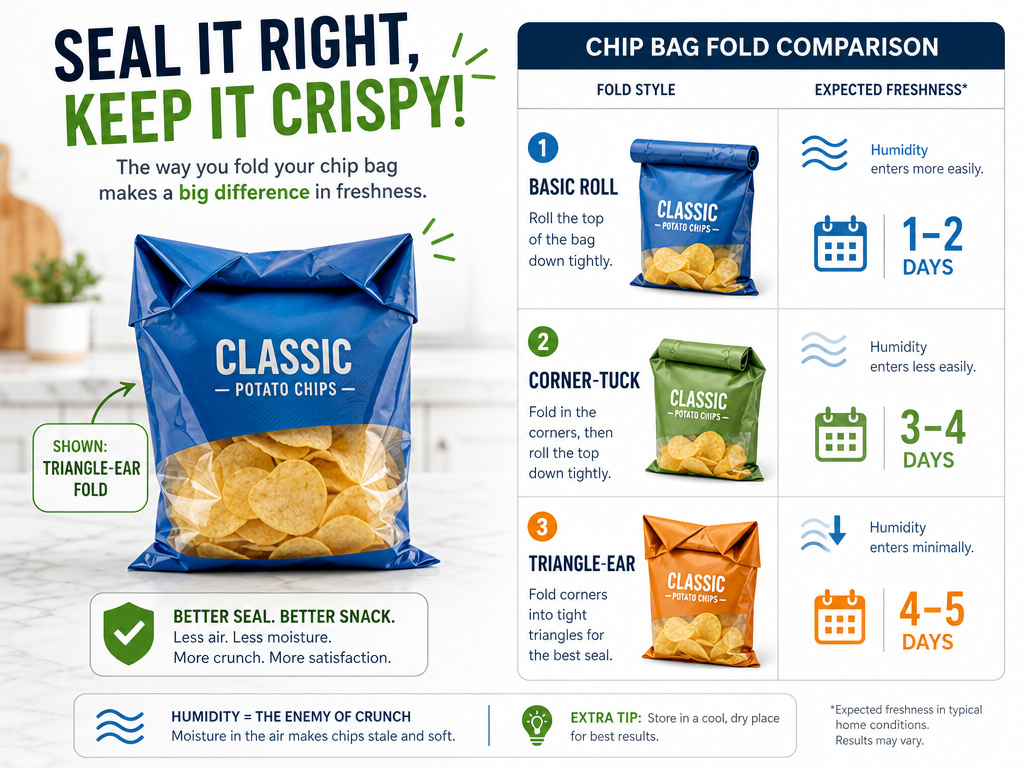 Infographic comparing chip freshness durations for different bag folding sealing methods.