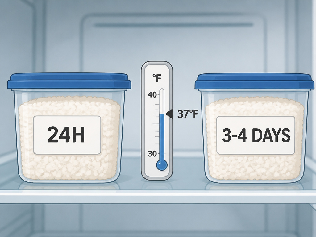 Two labeled containers of cooked rice in a fridge comparing storage time guidelines.