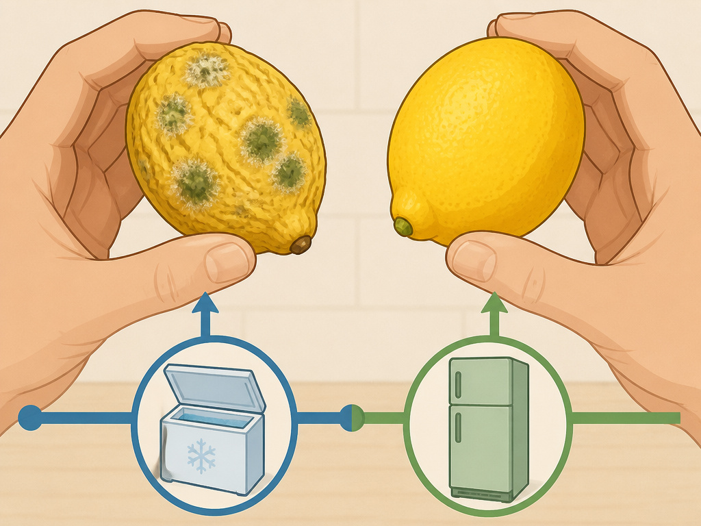 Comparing fresh and spoiled lemons with a timeline of preservation method shelf lives.
