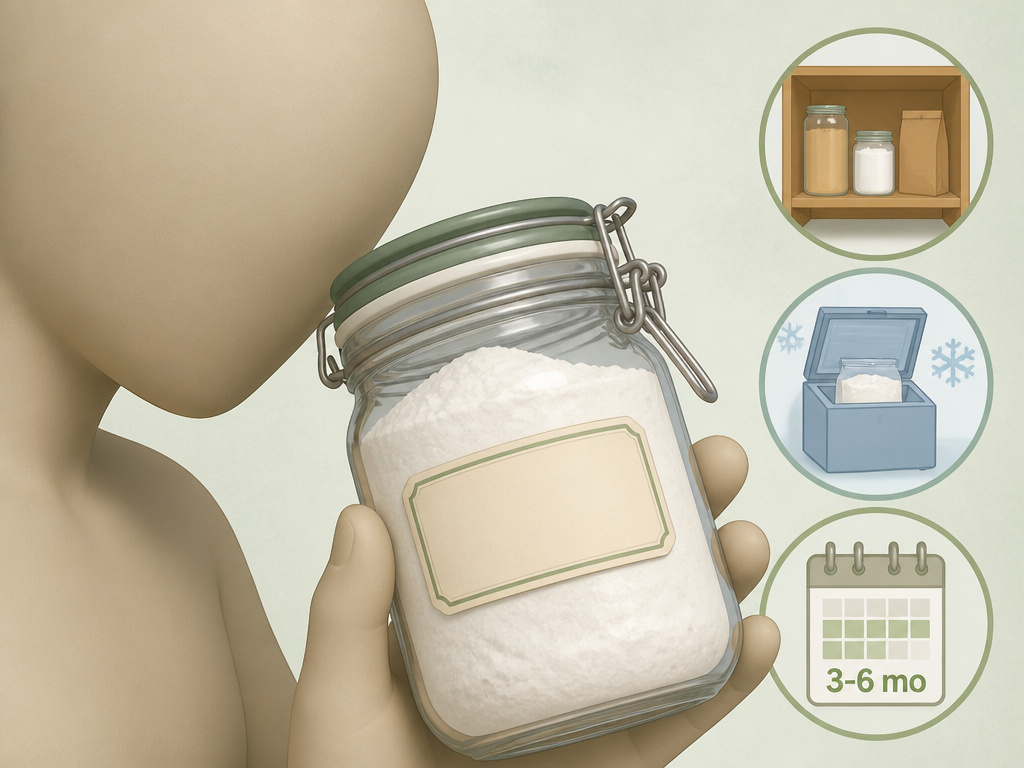 Cartoon diagram of performing the sniff test on flour in a storage jar.