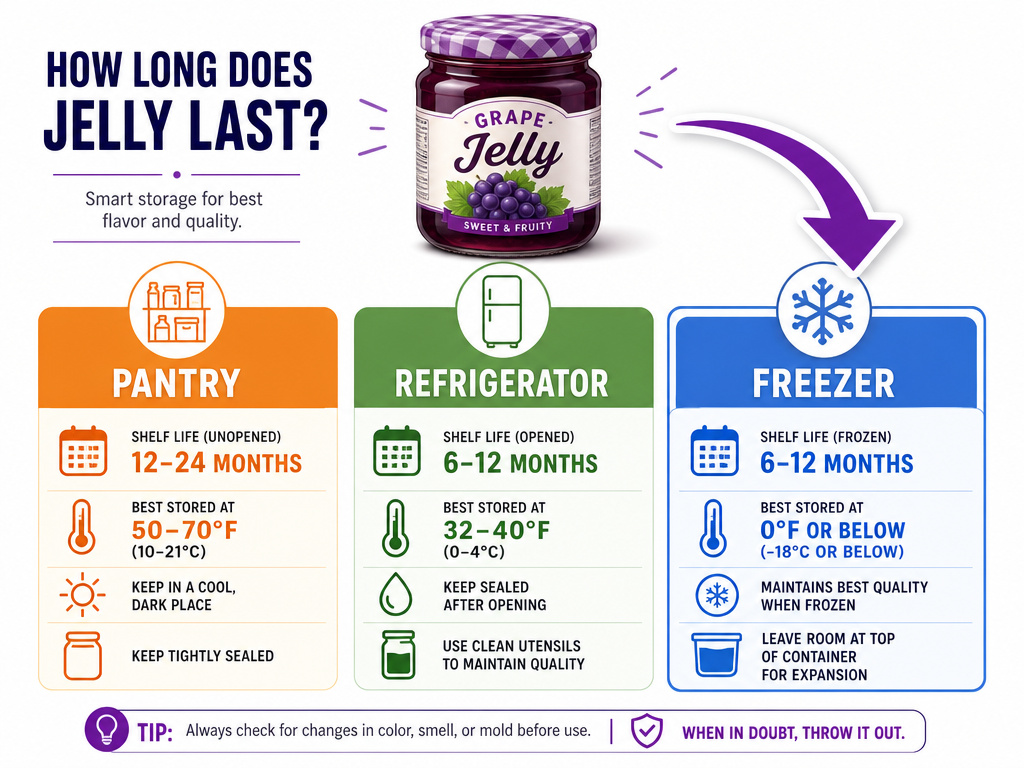 Infographic comparing jelly shelf life in pantry, fridge, and freezer.