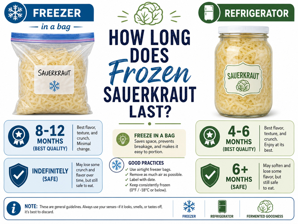 Infographic comparing freezer bag and refrigerator storage timelines for sauerkraut.