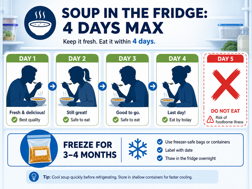 Infographic timeline showing soup lasts 3 to 4 days in the refrigerator.