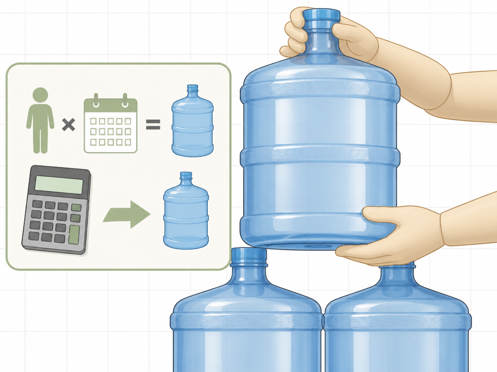 Calculating and stacking 5-gallon water jugs for a two-week supply per person.