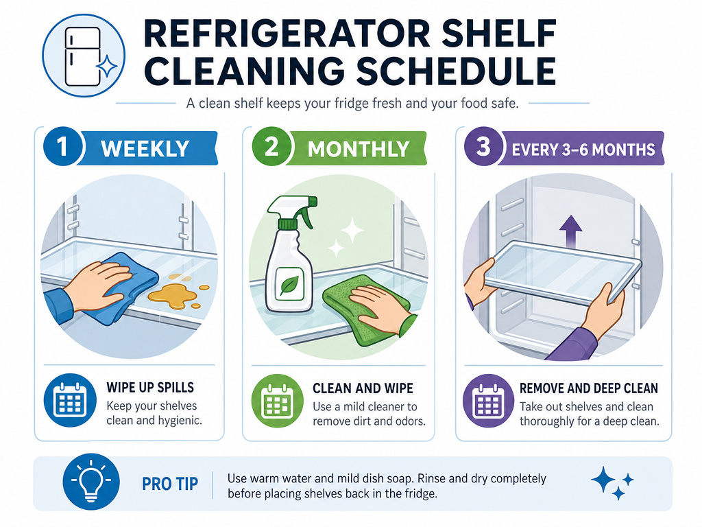 Infographic schedule for cleaning refrigerator shelves weekly, monthly, and seasonally.