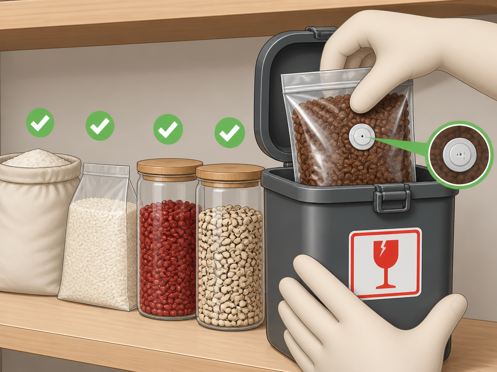 Coffee beans stored in an airtight container compared to other dry pantry goods.