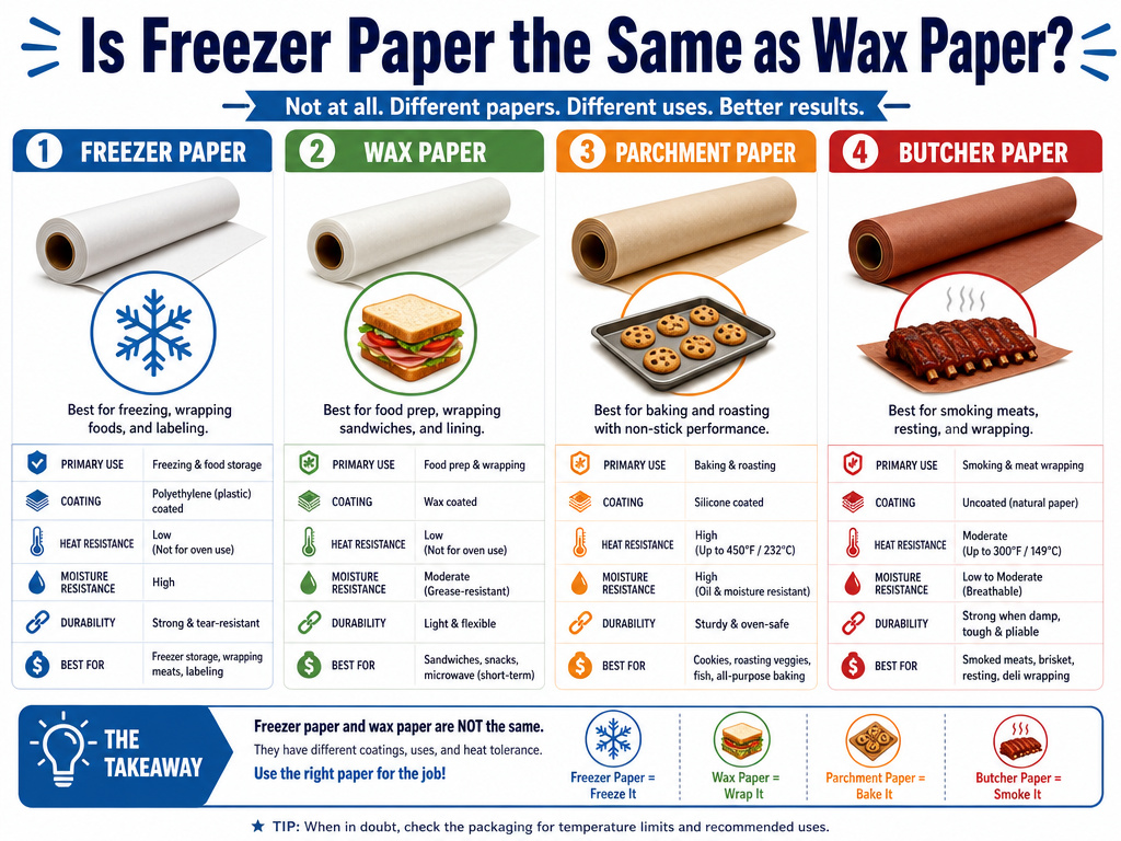 Comparison chart of freezer paper, wax paper, parchment, and butcher paper uses.