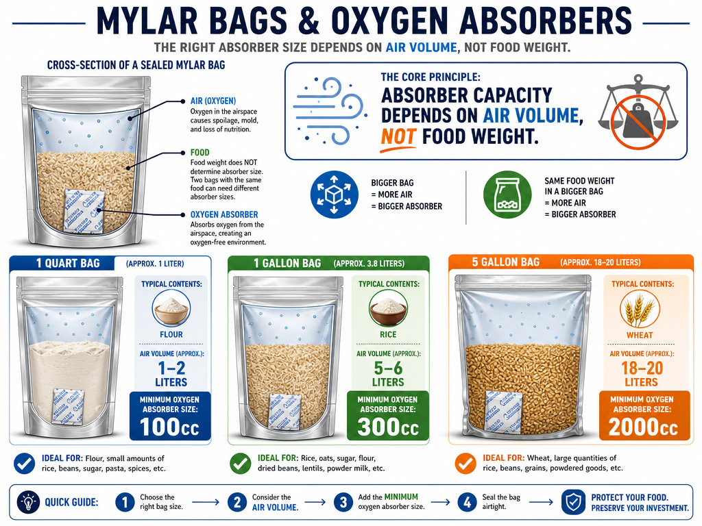 Oxygen absorber size chart for mylar bags based on air volume and bag capacity.