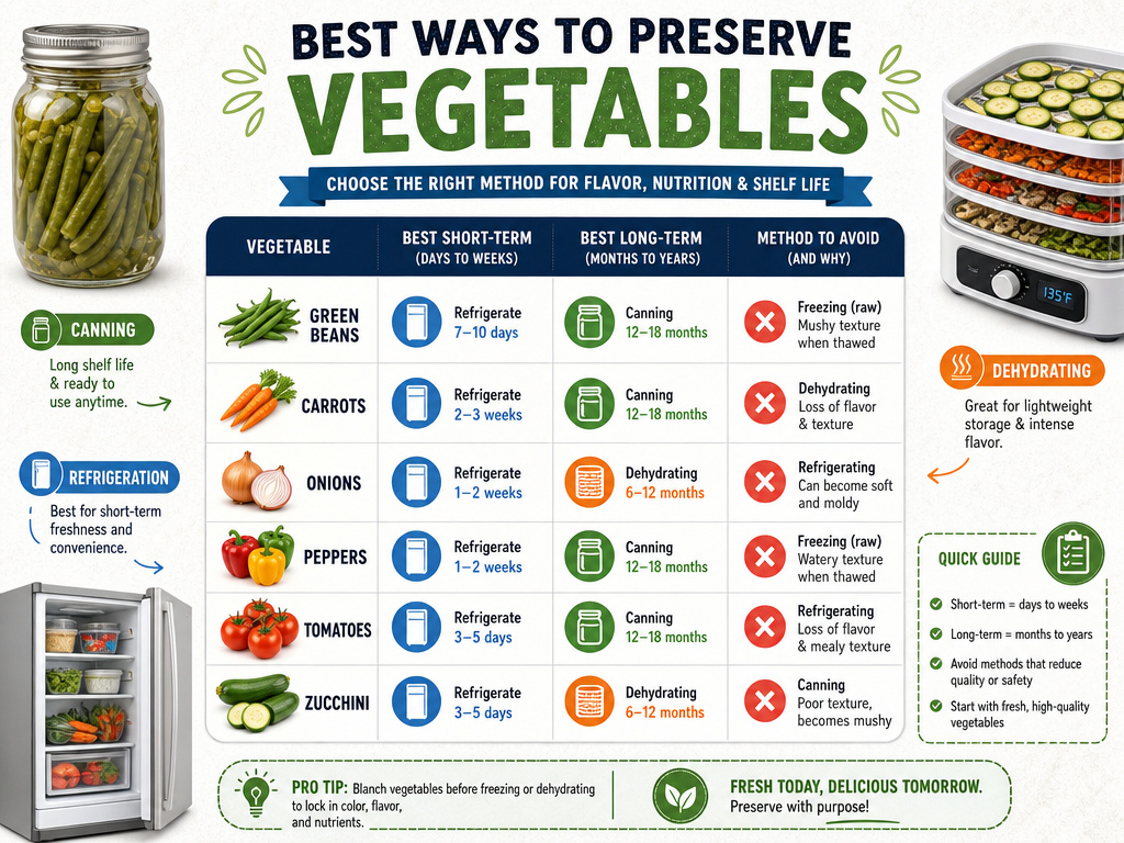 Decision table for choosing vegetable preservation methods based on storage time.